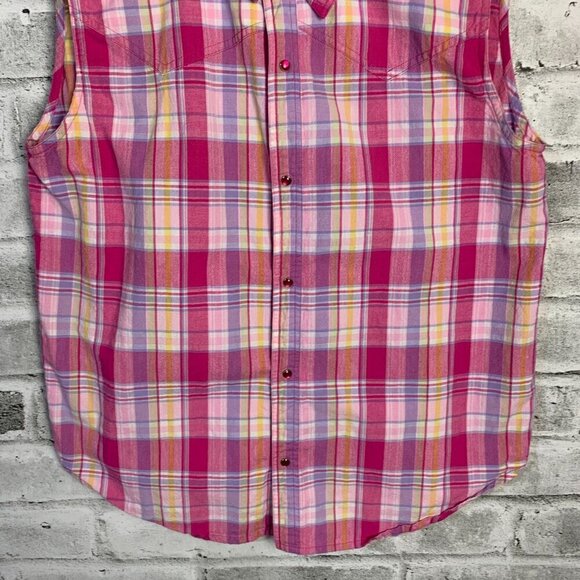 Ely Vintage Pearl Snap Plaid Sleeveless Button Down Western Shirt - Picture 3 of 6